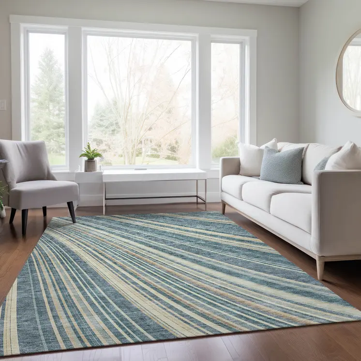 5' X 8' Sky Blue Beige And Tan Striped Washable Indoor Outdoor Area Rug