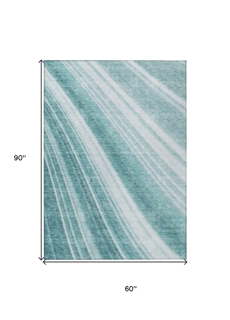 5' X 8' Teal Blue Turquoise And Aqua Striped Washable Indoor Outdoor Area Rug