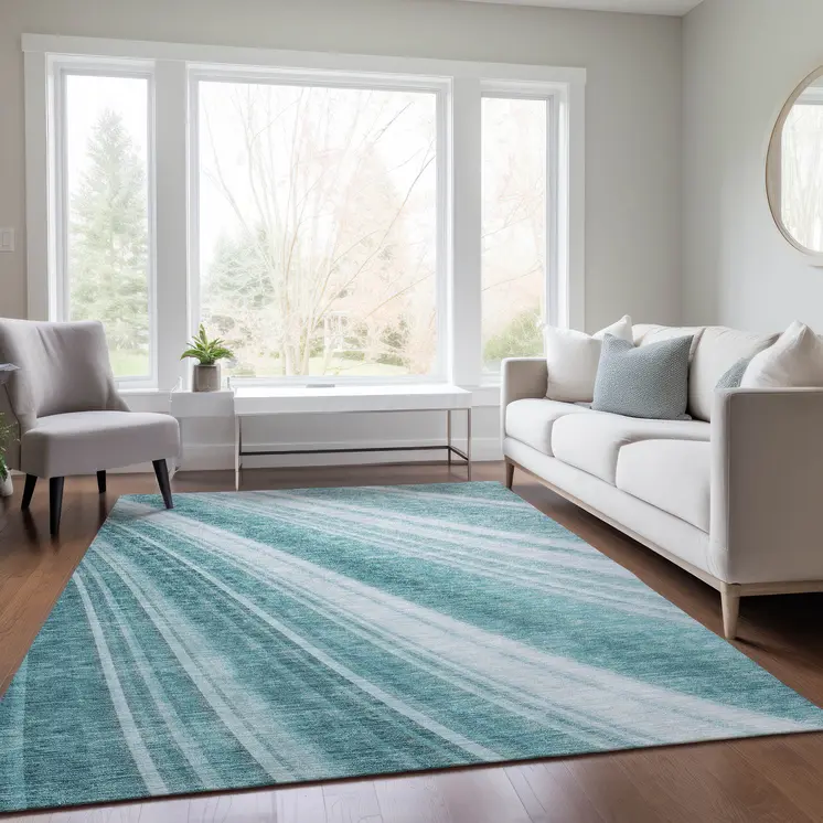 5' X 8' Teal Blue Turquoise And Aqua Striped Washable Indoor Outdoor Area Rug