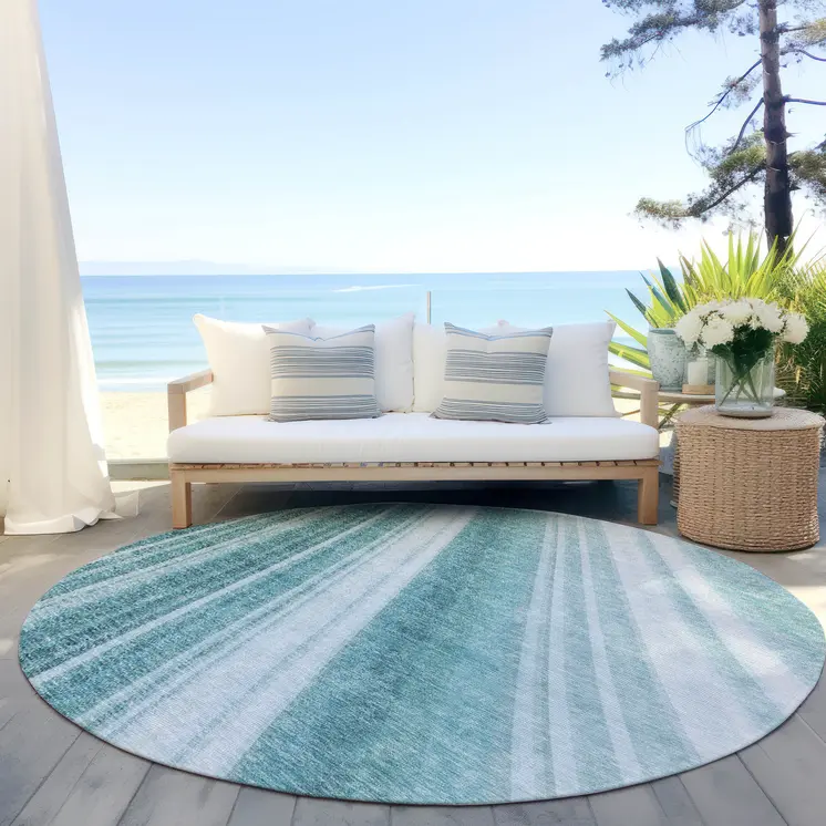 8' Teal Blue Turquoise And Aqua Round Striped Washable Indoor Outdoor Area Rug