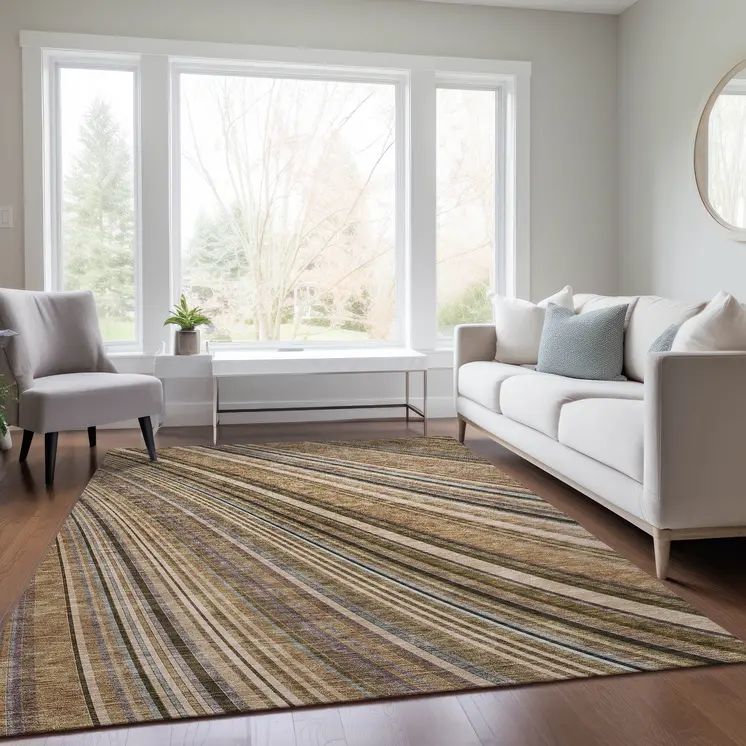 3' X 5' Taupe Beige And Brown Striped Washable Indoor Outdoor Area Rug