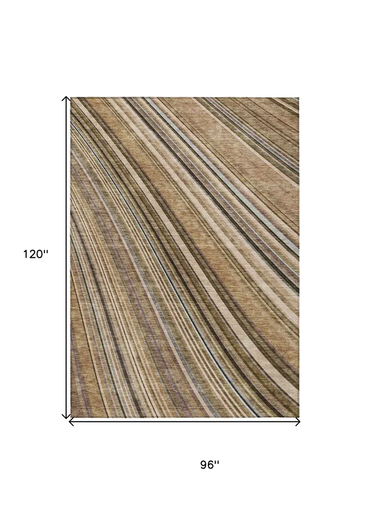 8' X 10' Taupe Beige And Brown Striped Washable Indoor Outdoor Area Rug