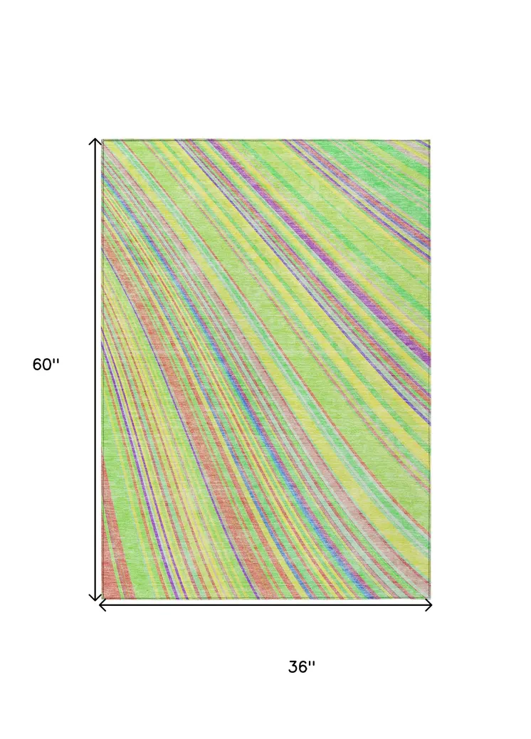 3' X 5' Yellow Lime Green And Purple Striped Washable Indoor Outdoor Area Rug