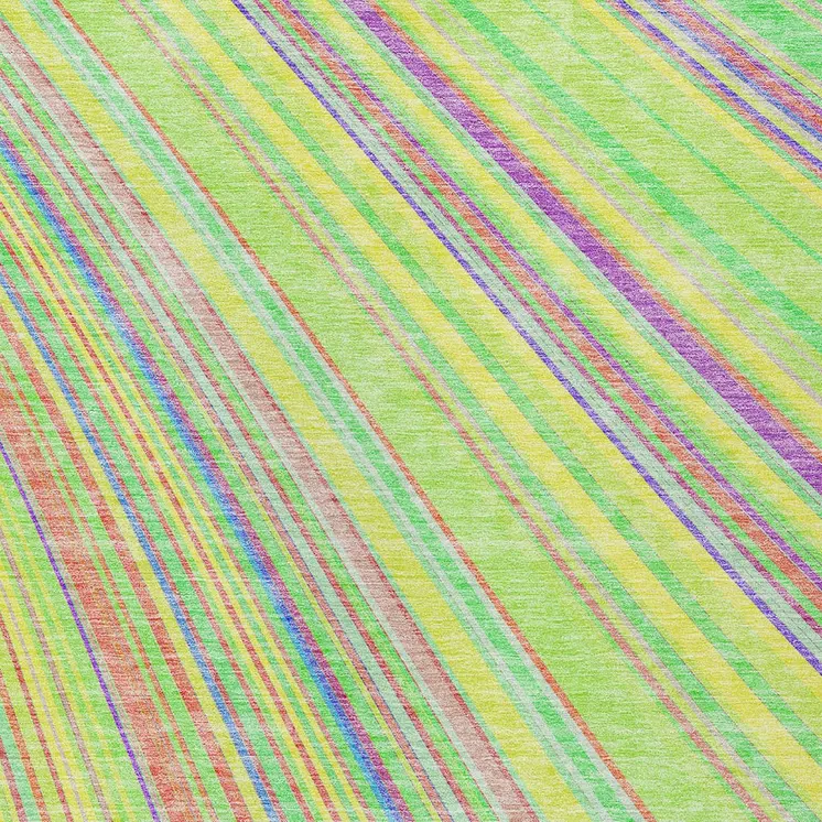 3' X 5' Yellow Lime Green And Purple Striped Washable Indoor Outdoor Area Rug