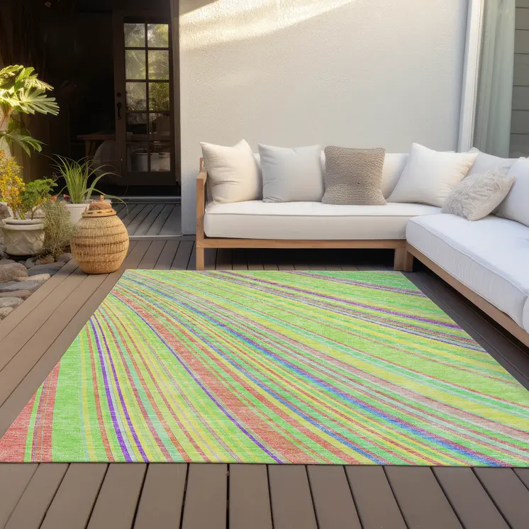 3' X 5' Yellow Lime Green And Purple Striped Washable Indoor Outdoor Area Rug