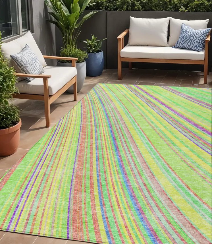 5' X 8' Yellow Lime Green And Purple Striped Washable Indoor Outdoor Area Rug