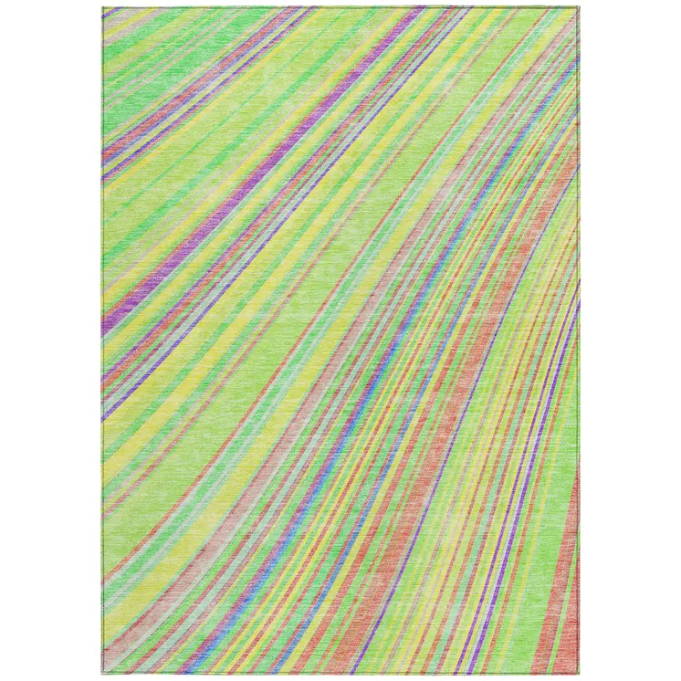 5' X 8' Yellow Lime Green And Purple Striped Washable Indoor Outdoor Area Rug