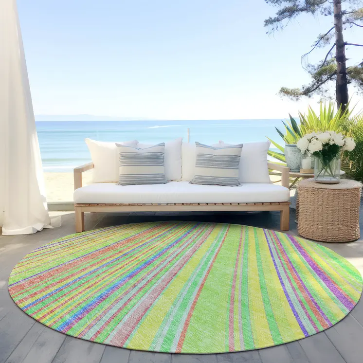 8' Yellow Lime Green And Purple Round Striped Washable Indoor Outdoor Area Rug