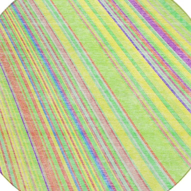 8' Yellow Lime Green And Purple Round Striped Washable Indoor Outdoor Area Rug