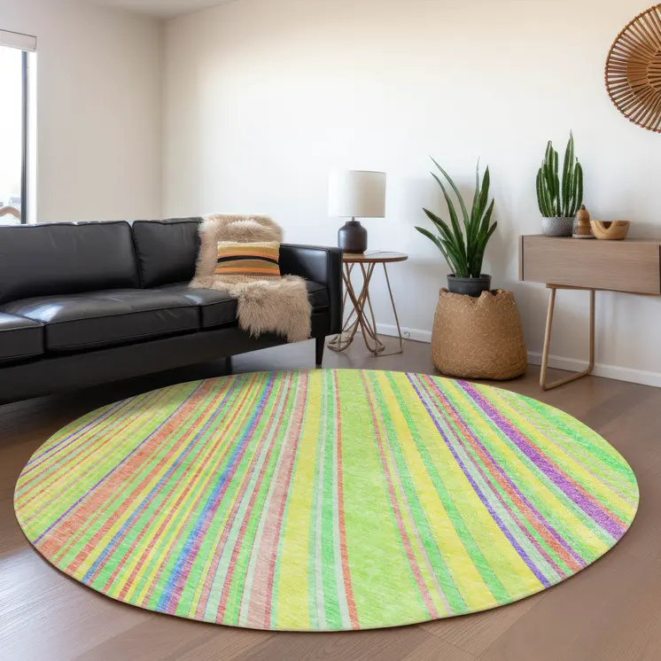 8' Yellow Lime Green And Purple Round Striped Washable Indoor Outdoor Area Rug