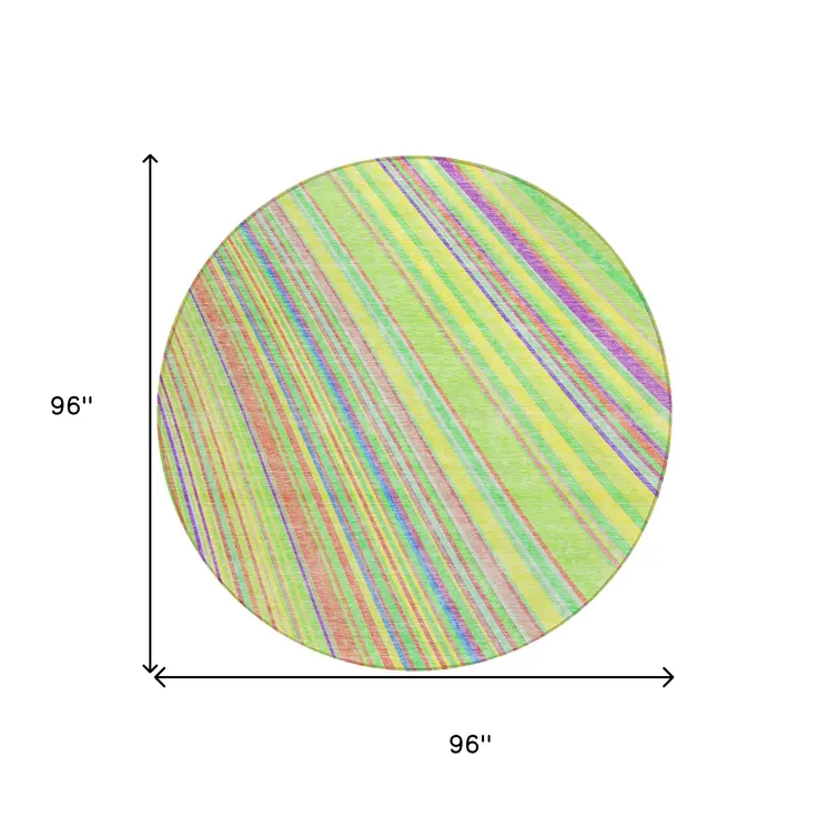 8' Yellow Lime Green And Purple Round Striped Washable Indoor Outdoor Area Rug