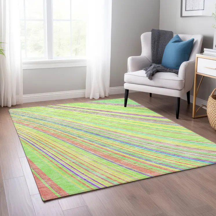 9' X 12' Yellow Lime Green And Purple Striped Washable Indoor Outdoor Area Rug