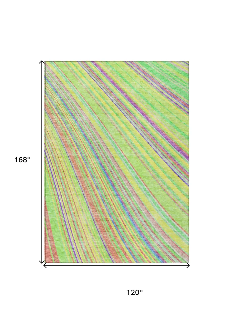 10' X 14' Yellow Lime Green And Purple Striped Washable Indoor Outdoor Area Rug