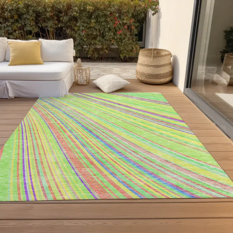 10' X 14' Yellow Lime Green And Purple Striped Washable Indoor Outdoor Area Rug