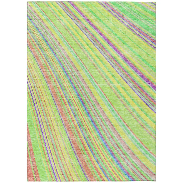 10' X 14' Yellow Lime Green And Purple Striped Washable Indoor Outdoor Area Rug
