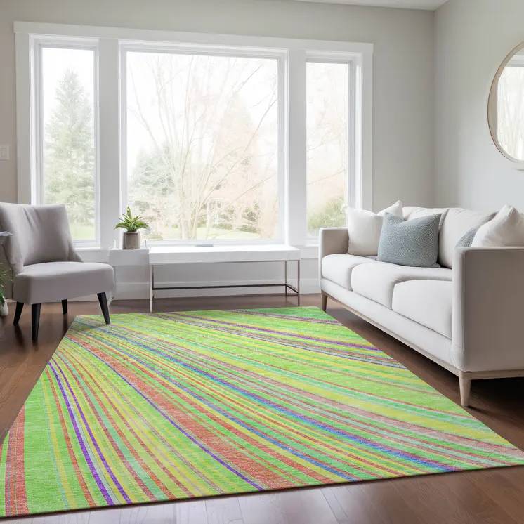10' X 14' Yellow Lime Green And Purple Striped Washable Indoor Outdoor Area Rug