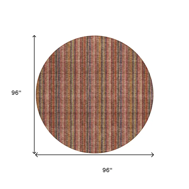 8' Blush Burgundy And Pink Round Striped Washable Indoor Outdoor Area Rug