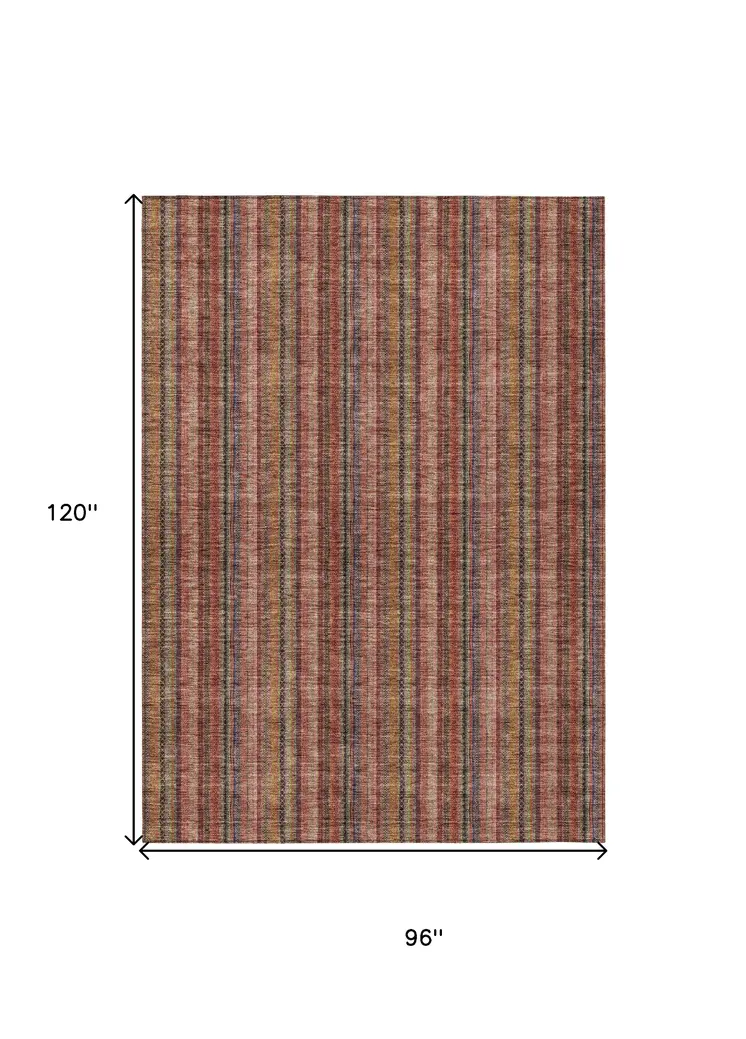 8' X 10' Blush Burgundy And Pink Striped Washable Indoor Outdoor Area Rug