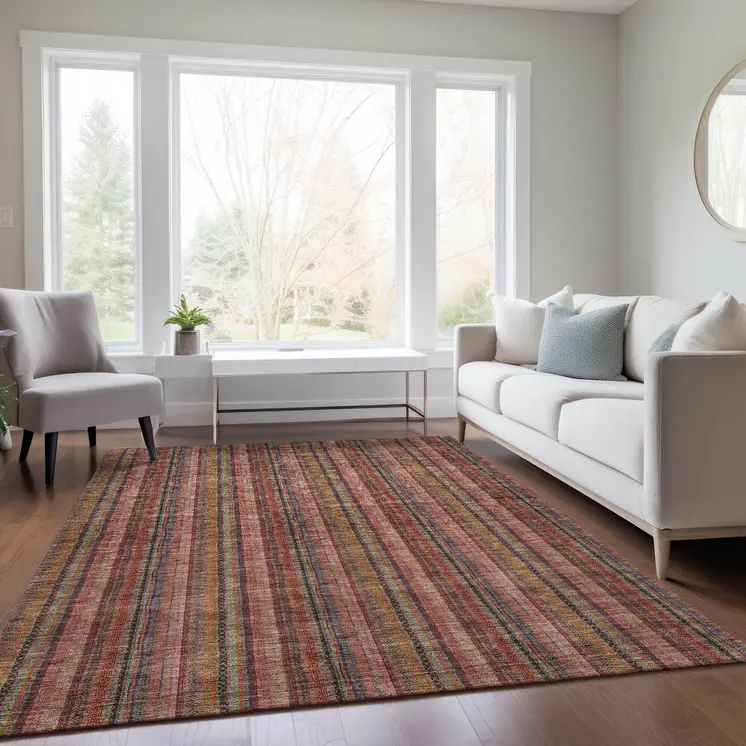 8' X 10' Blush Burgundy And Pink Striped Washable Indoor Outdoor Area Rug