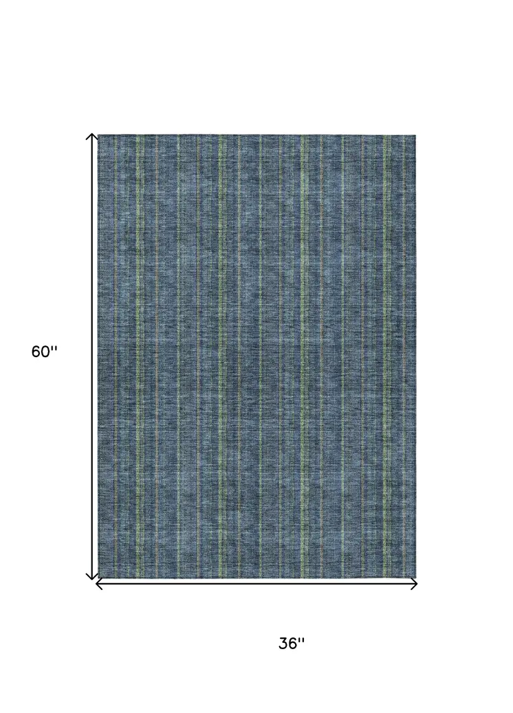 3' X 5' Blue Denim Blue And Mint Green Striped Washable Indoor Outdoor Area Rug