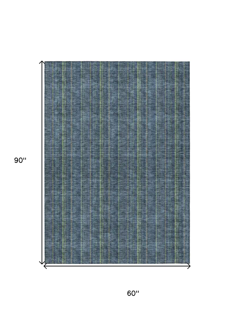 5' X 8' Blue Denim Blue And Mint Green Striped Washable Indoor Outdoor Area Rug