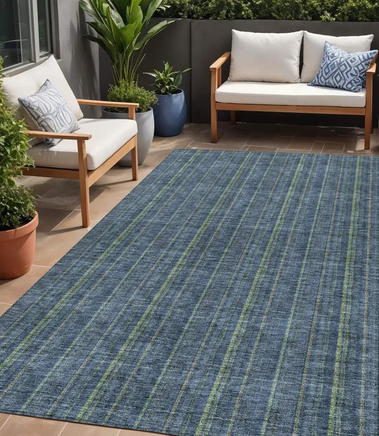 5' X 8' Blue Denim Blue And Mint Green Striped Washable Indoor Outdoor Area Rug