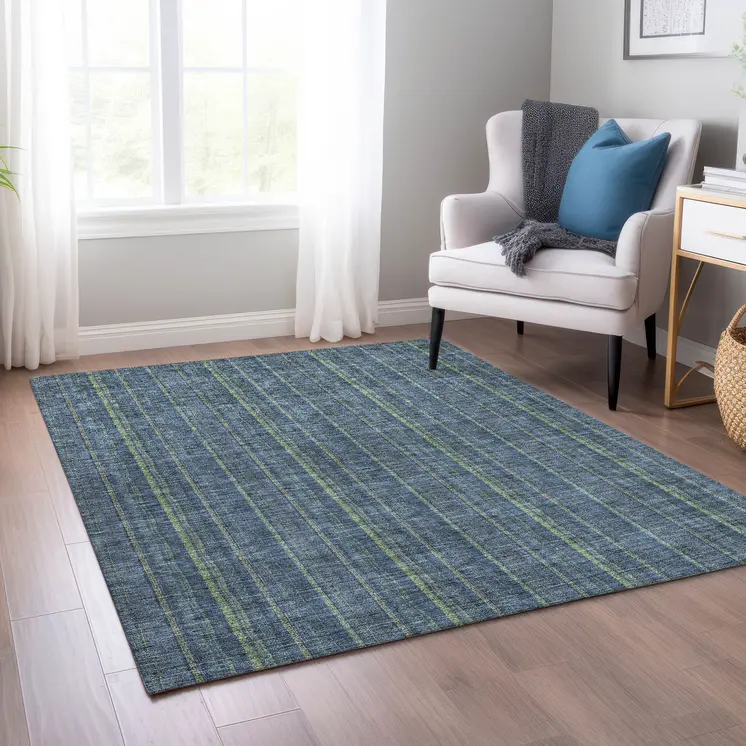 5' X 8' Blue Denim Blue And Mint Green Striped Washable Indoor Outdoor Area Rug