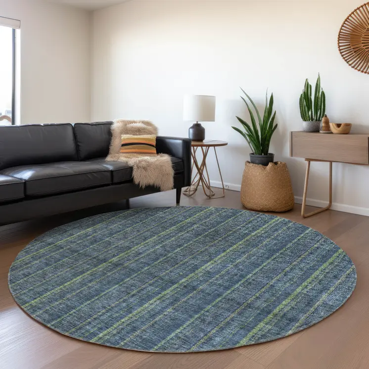 8' Blue Denim Blue And Mint Green Round Striped Washable Indoor Outdoor Area Rug