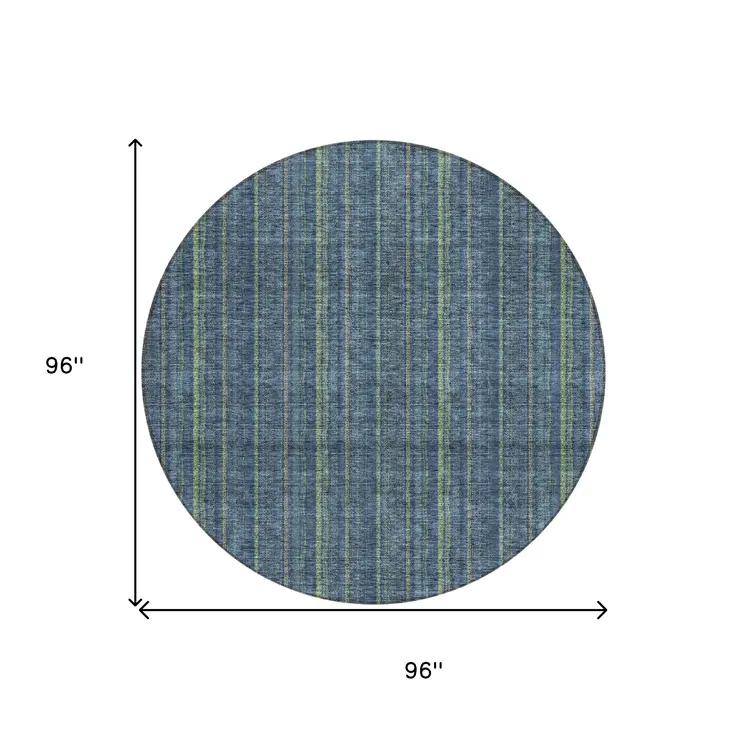 8' Blue Denim Blue And Mint Green Round Striped Washable Indoor Outdoor Area Rug