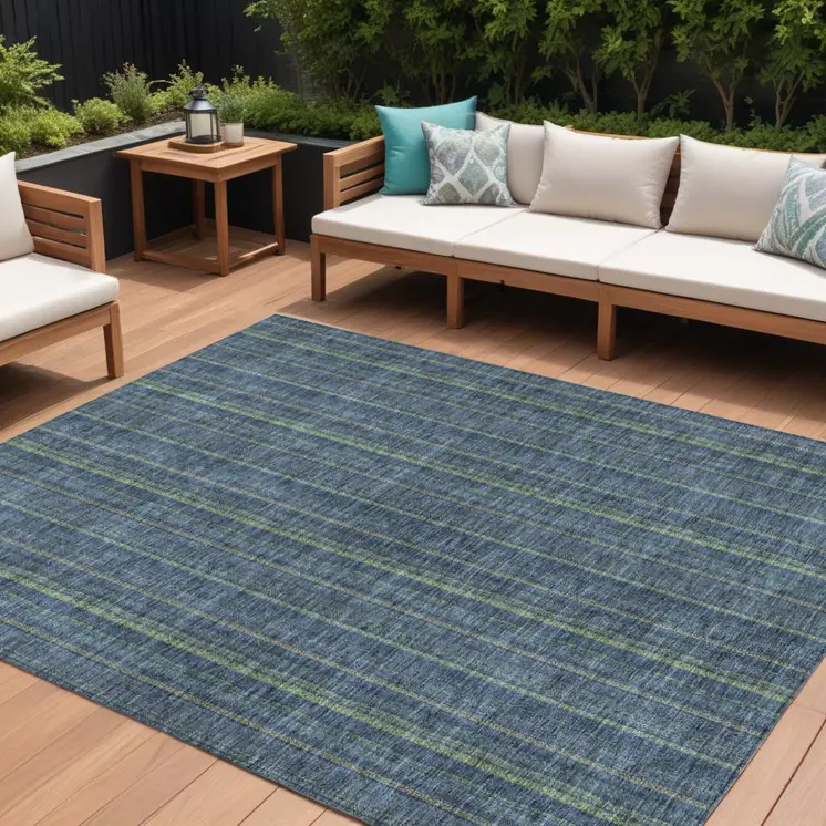 10' X 14' Blue Denim Blue And Mint Green Striped Washable Indoor Outdoor Area Rug