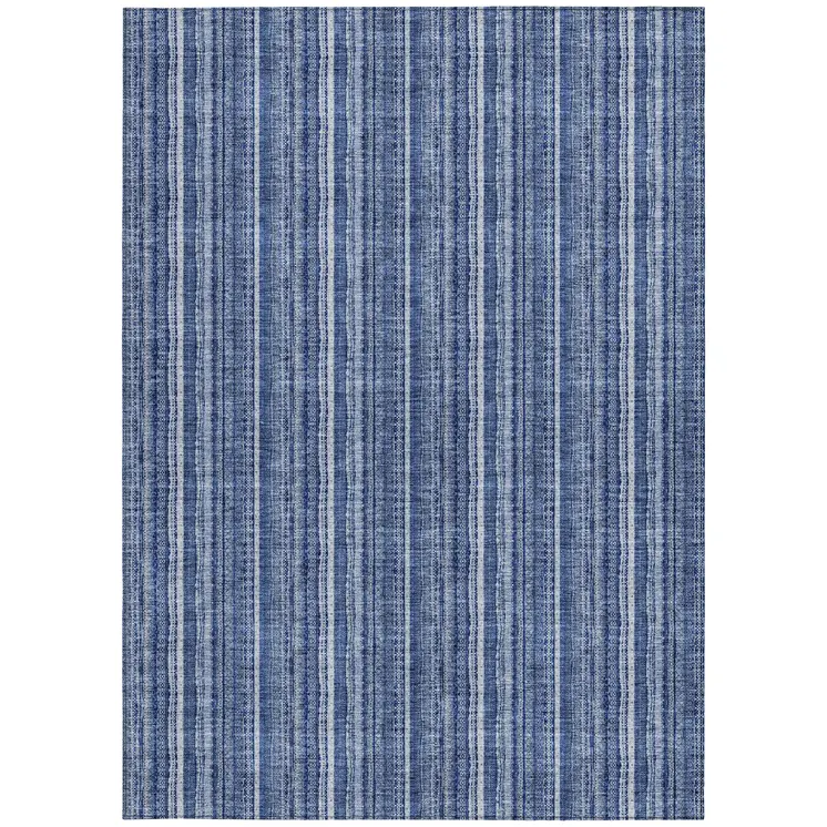 3' X 5' Denim Blue And Ivory Striped Washable Indoor Outdoor Area Rug