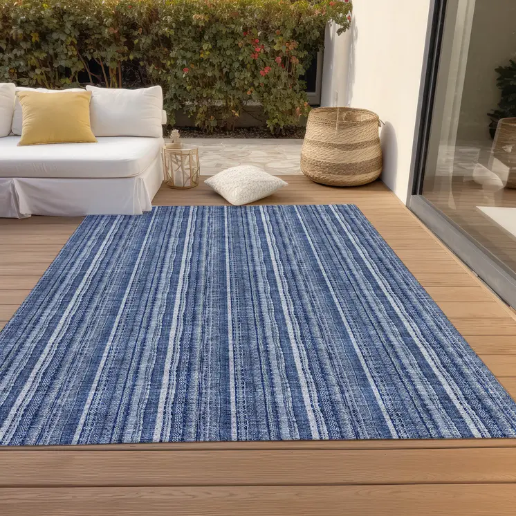 3' X 5' Denim Blue And Ivory Striped Washable Indoor Outdoor Area Rug