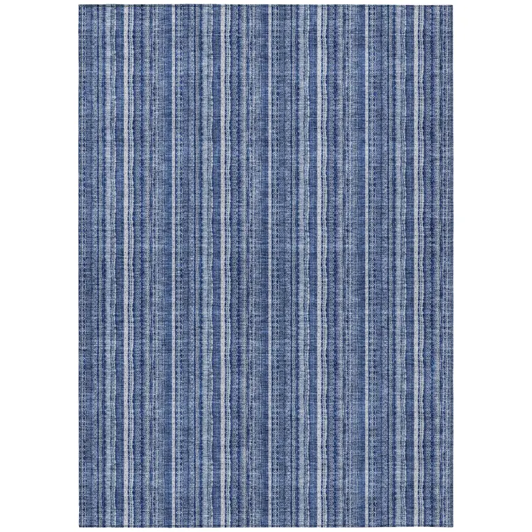 3' X 5' Denim Blue And Ivory Striped Washable Indoor Outdoor Area Rug