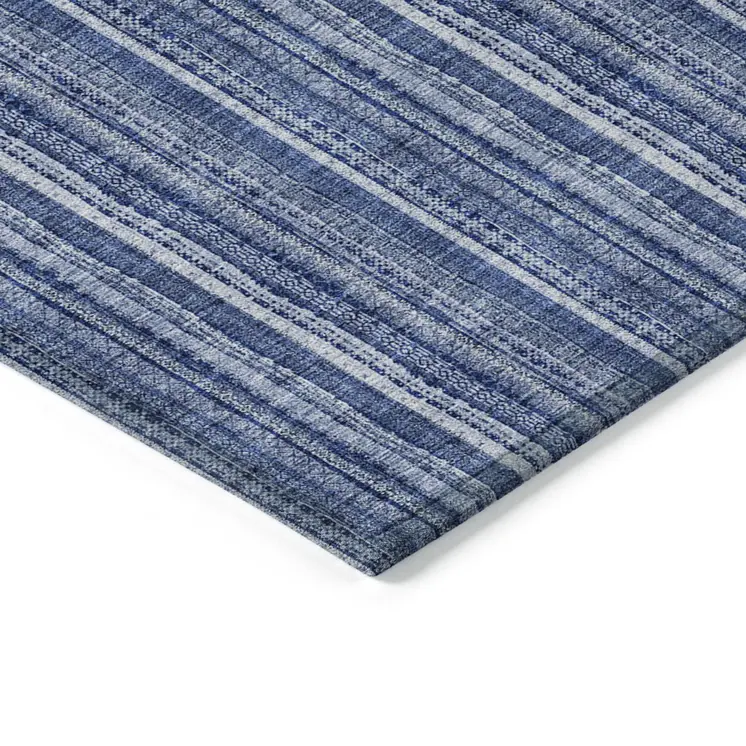 3' X 5' Denim Blue And Ivory Striped Washable Indoor Outdoor Area Rug