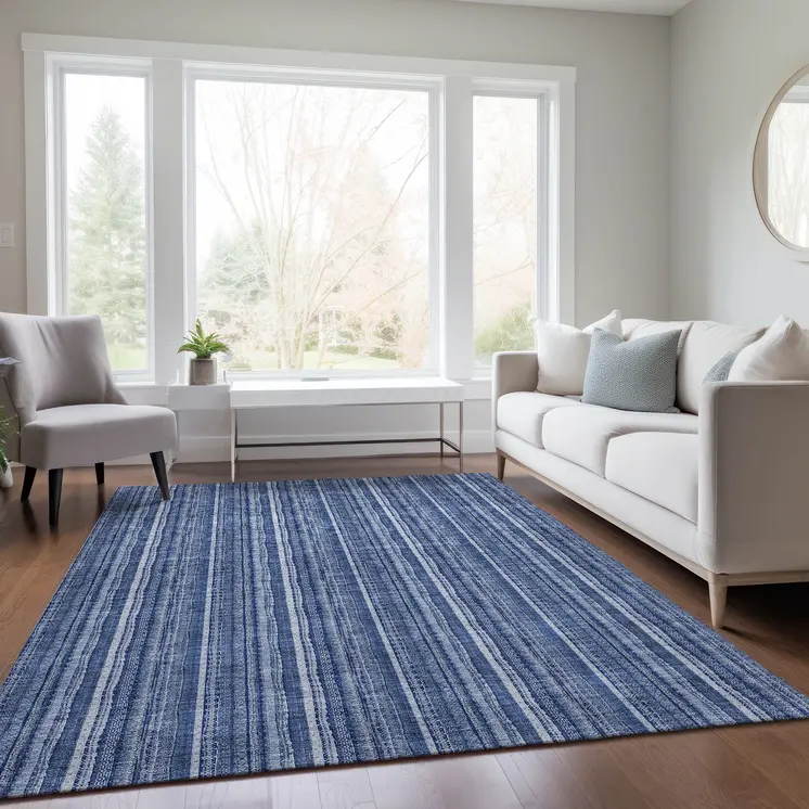3' X 5' Denim Blue And Ivory Striped Washable Indoor Outdoor Area Rug