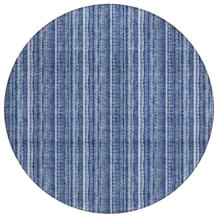 8' Denim Blue And Ivory Round Striped Washable Indoor Outdoor Area Rug