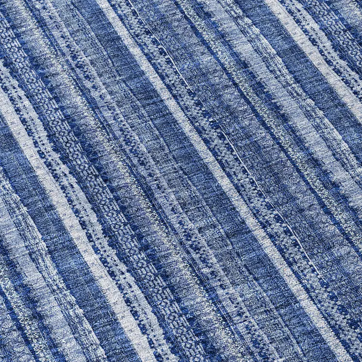 8' Denim Blue And Ivory Round Striped Washable Indoor Outdoor Area Rug