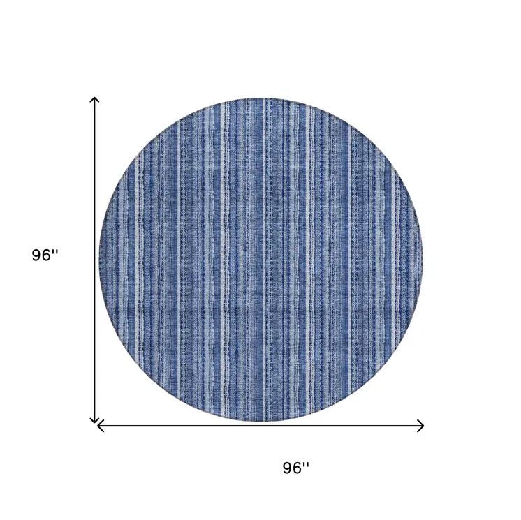 8' Denim Blue And Ivory Round Striped Washable Indoor Outdoor Area Rug