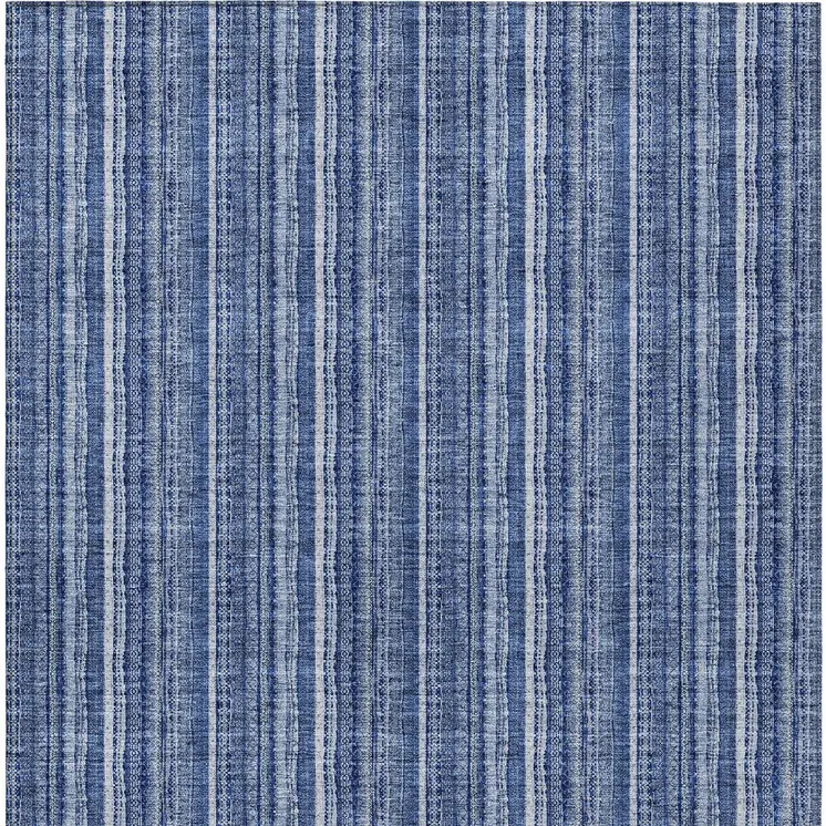 9' X 12' Denim Blue And Ivory Striped Washable Indoor Outdoor Area Rug