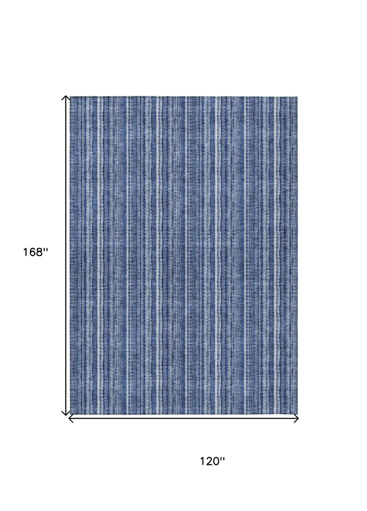 10' X 14' Denim Blue And Ivory Striped Washable Indoor Outdoor Area Rug