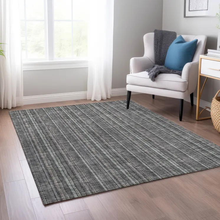 3' X 5' Gray And Silver Striped Washable Indoor Outdoor Area Rug