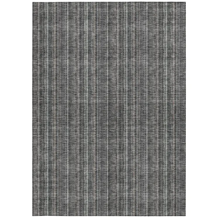 9' X 12' Gray And Silver Striped Washable Indoor Outdoor Area Rug
