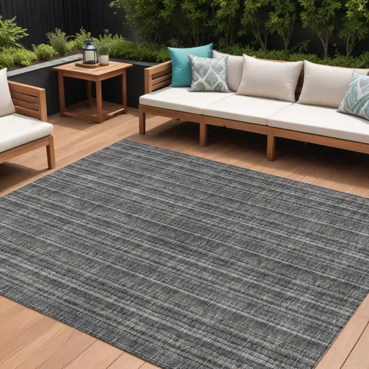 9' X 12' Gray And Silver Striped Washable Indoor Outdoor Area Rug