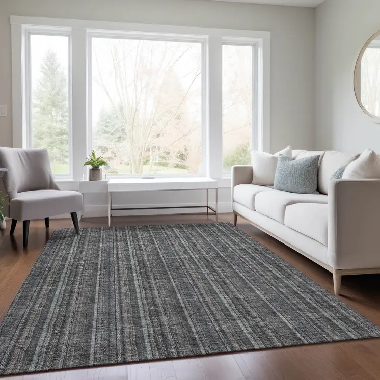 9' X 12' Gray And Silver Striped Washable Indoor Outdoor Area Rug