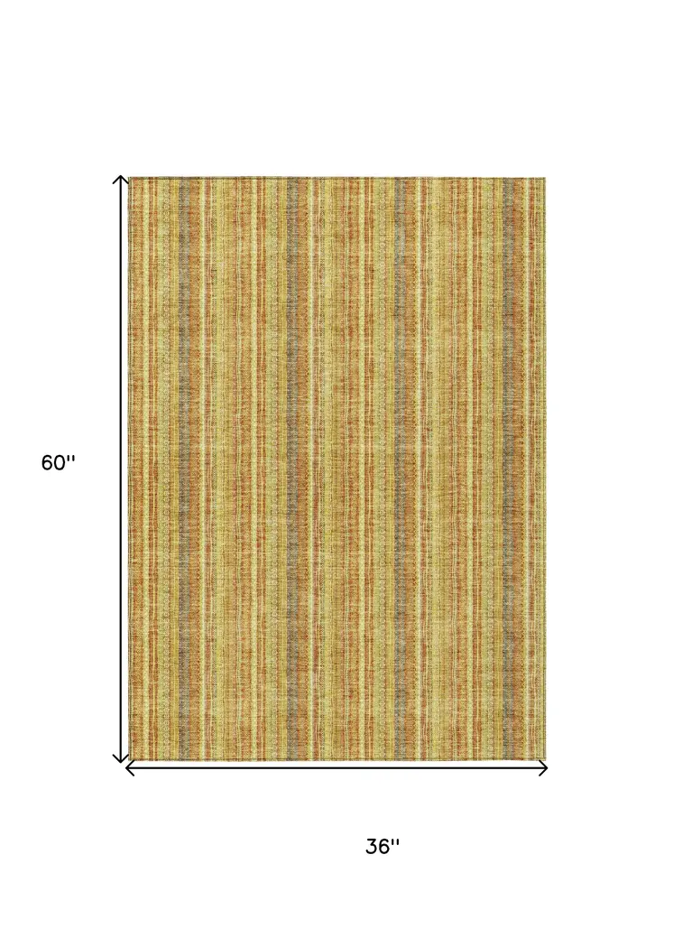 3' X 5' Gold And Copper Striped Washable Indoor Outdoor Area Rug