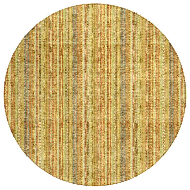 8' Gold And Copper Round Striped Washable Indoor Outdoor Area Rug