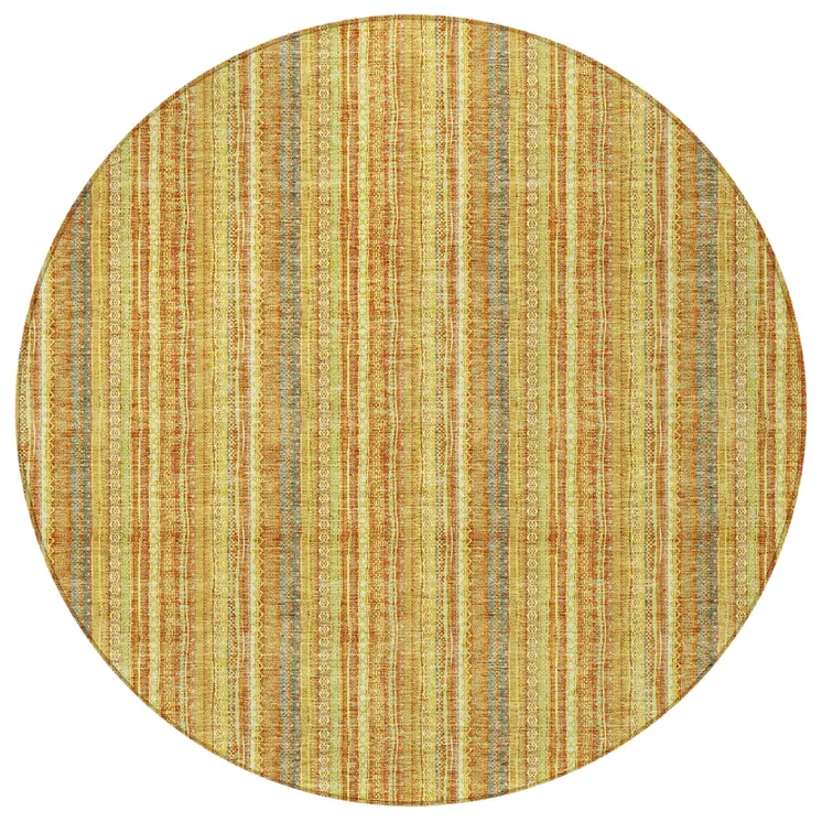 8' Gold And Copper Round Striped Washable Indoor Outdoor Area Rug