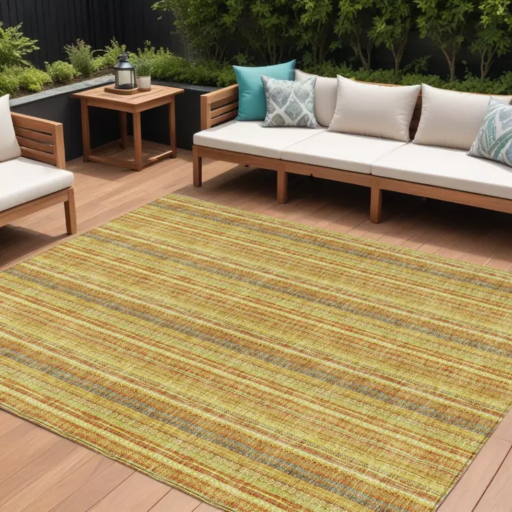 9' X 12' Gold And Copper Striped Washable Indoor Outdoor Area Rug