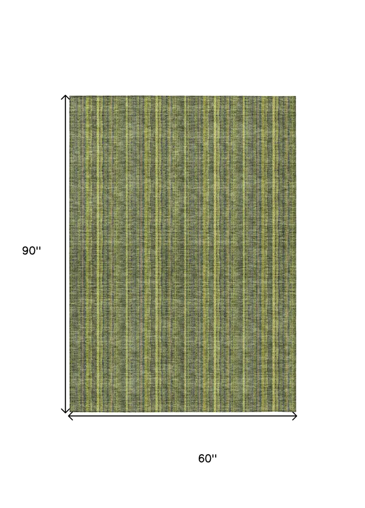 5' X 8' Olive Green And Lime Green Striped Washable Indoor Outdoor Area Rug