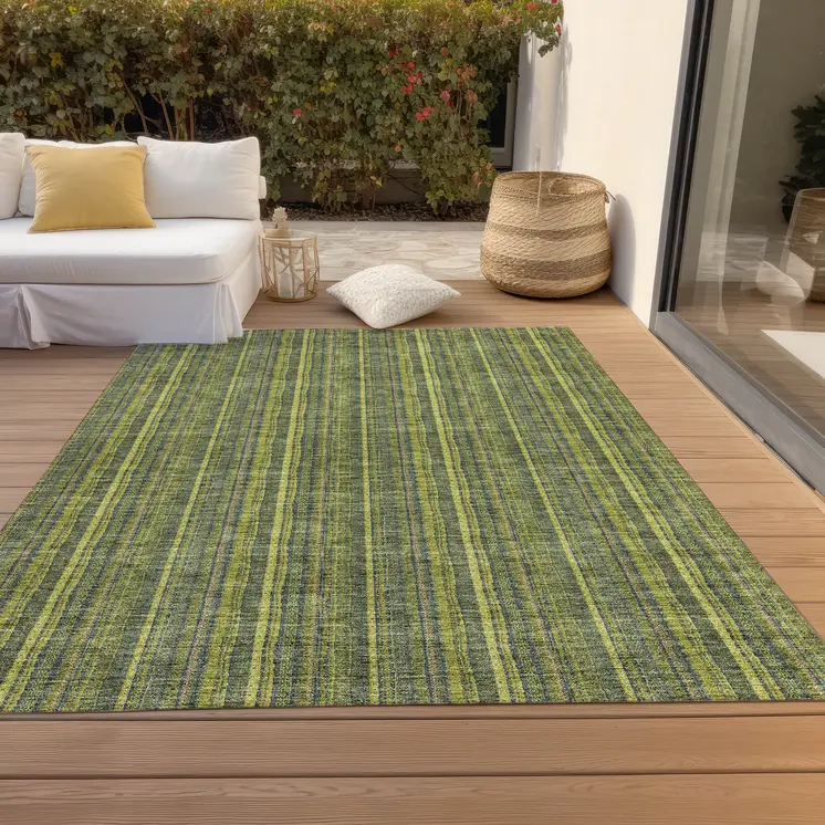 5' X 8' Olive Green And Lime Green Striped Washable Indoor Outdoor Area Rug